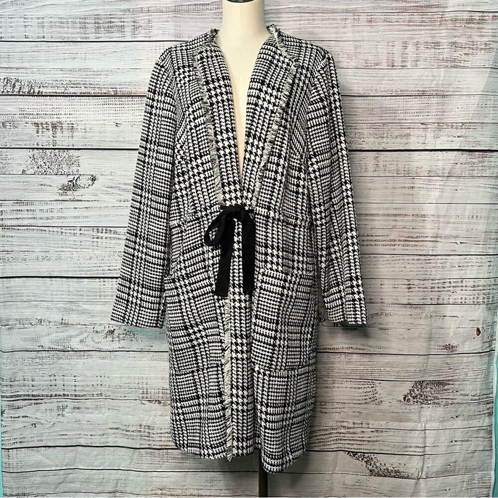 Lane Bryant 18/20 Houndstooth Jacket Peacoat Self Tie Frayed Hem Wool Pockets